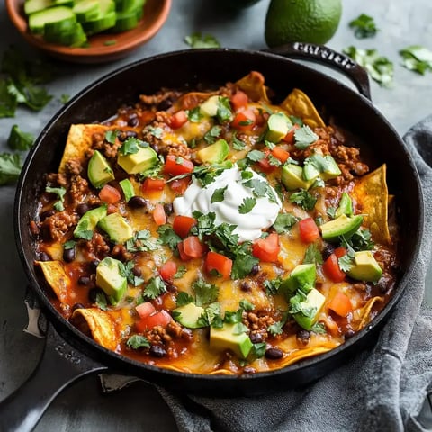 Une poêle de nachos bien garnis avec de la viande hachée, des haricots noirs, du fromage, des tomates en dés, de l'avocat, de la coriandre et une cuillère de crème fraîche.