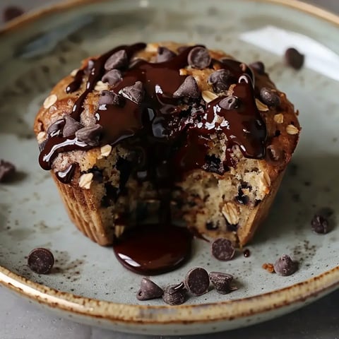 Un muffin gonflé avec une touche de chocolat fondu, posé sur une jolie assiette.