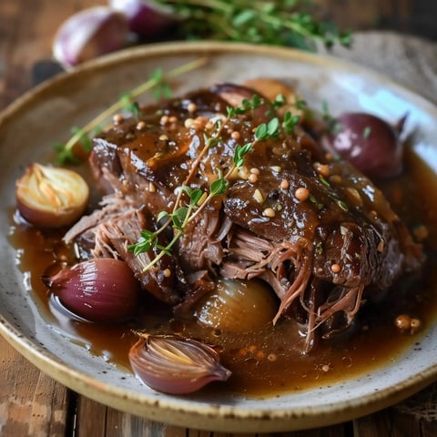 Un plat mijoté avec de la viande mêlée à des oignons et une sauce parfumée au thym.