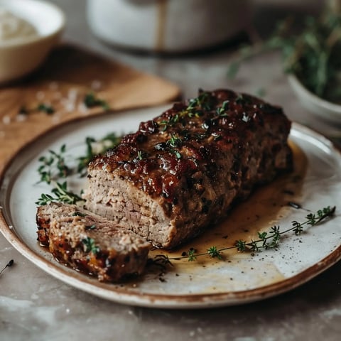 Plat composé de viande tendre accompagné d'une sauce et d’herbes, avec une tranche coupée sur le côté.