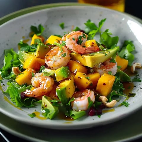 Une salade composée de crevettes, morceaux de mangue, lamelles d'avocat et herbes fraîches avec une sauce légère et colorée.