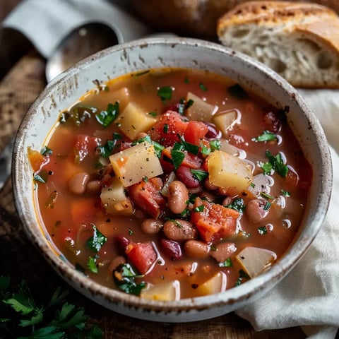 Un bol rempli d'une soupe rustique avec haricots rouges, légumes colorés et herbes, accompagné de pain frais.