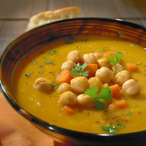 Un bol noir rempli d'une soupe de légumes et pois chiches, garnie de persil.