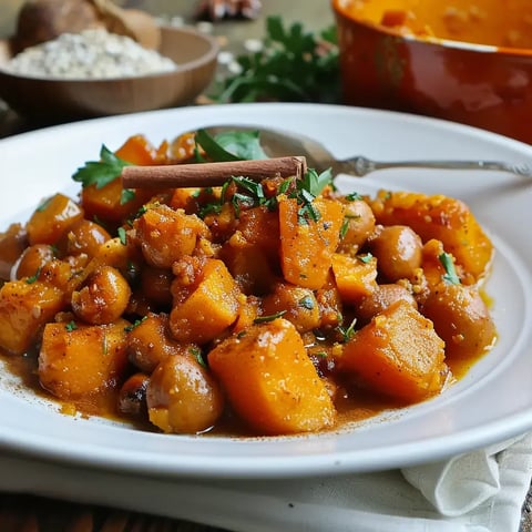 Un délicieux tajine de potiron et châtaignes parsemé de fines herbes.