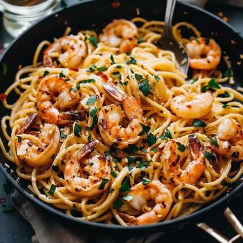 Bol de pâtes citronnées aux crevettes avec persil fraîchement haché.