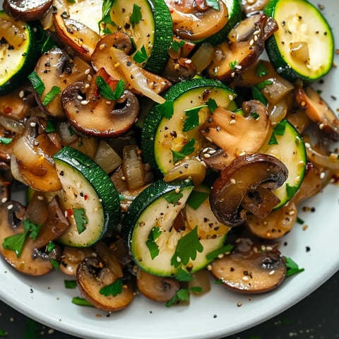 Plat équilibré de courgettes et champignons sautés avec oignons dorés