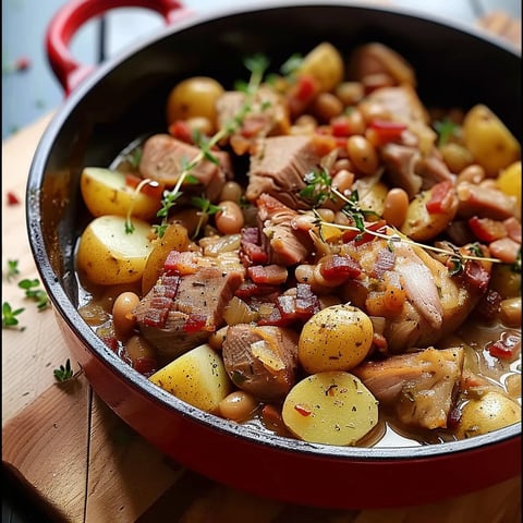 Mijoté de porc avec haricots, pommes de terre et lard fumé