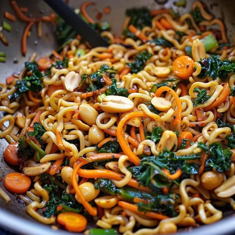 Plat de nouilles avec chou kale, carottes et cacahuètes