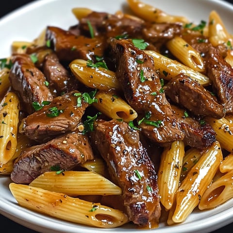 Assiette de Penne savoureux avec steak au miel et sauce BBQ, garnie de persil frais.